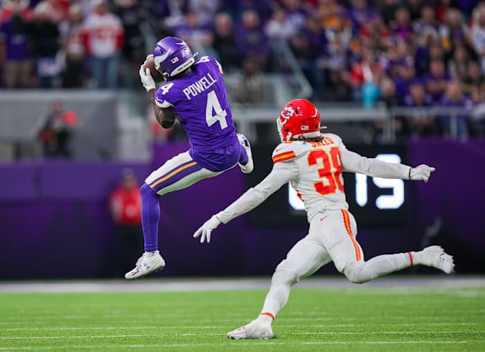 Oct 8, 2023; Minneapolis, Minnesota, USA; Minnesota Vikings wide receiver Brandon Powell (4) catches a pass against the Kansas City Chiefs cornerback L'Jarius Sneed (38) in the fourth quarter at U.S. Bank Stadium.